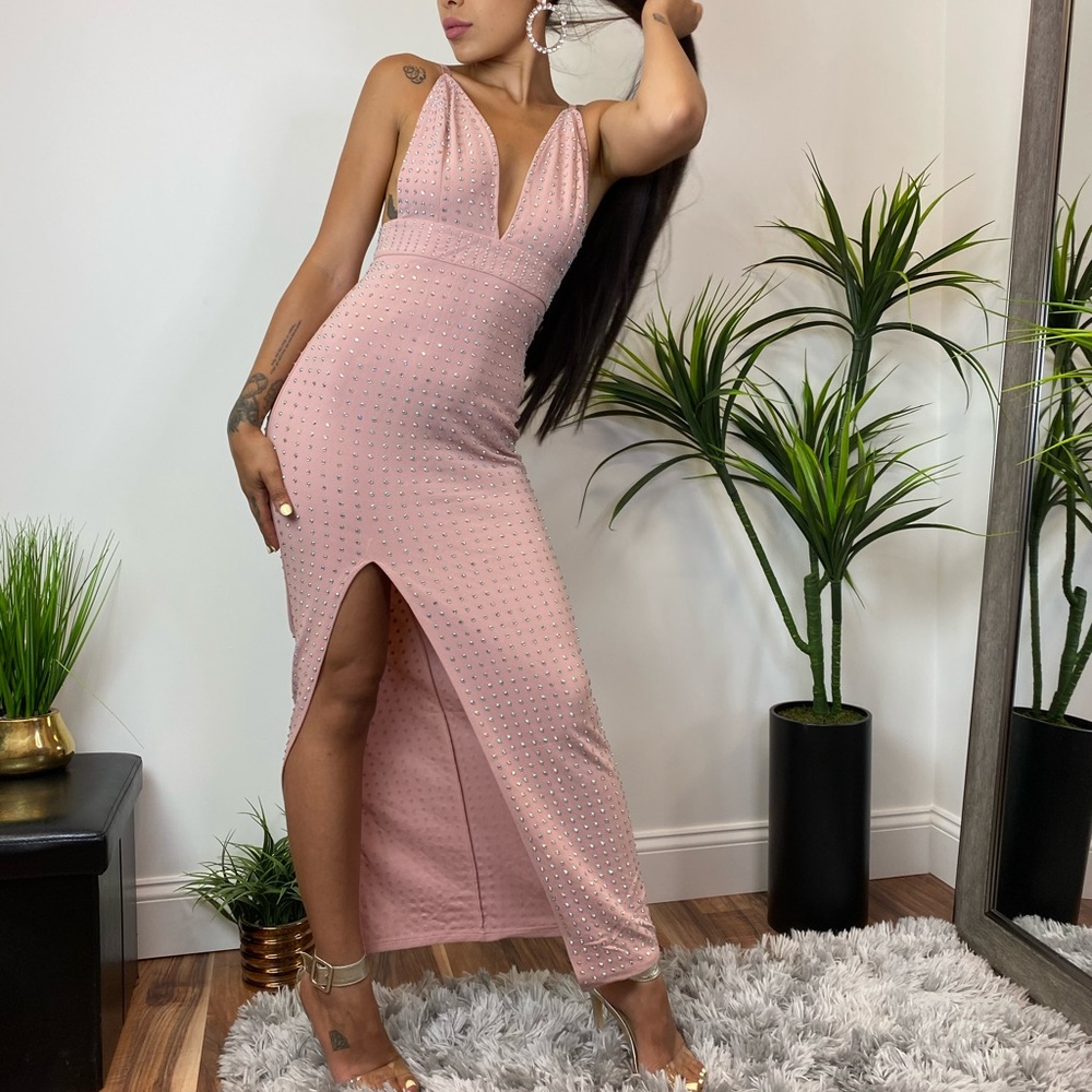 ‼️ Pink Diamond Stud Maxi Dress Leg Split Straps - Picture 8 of 8